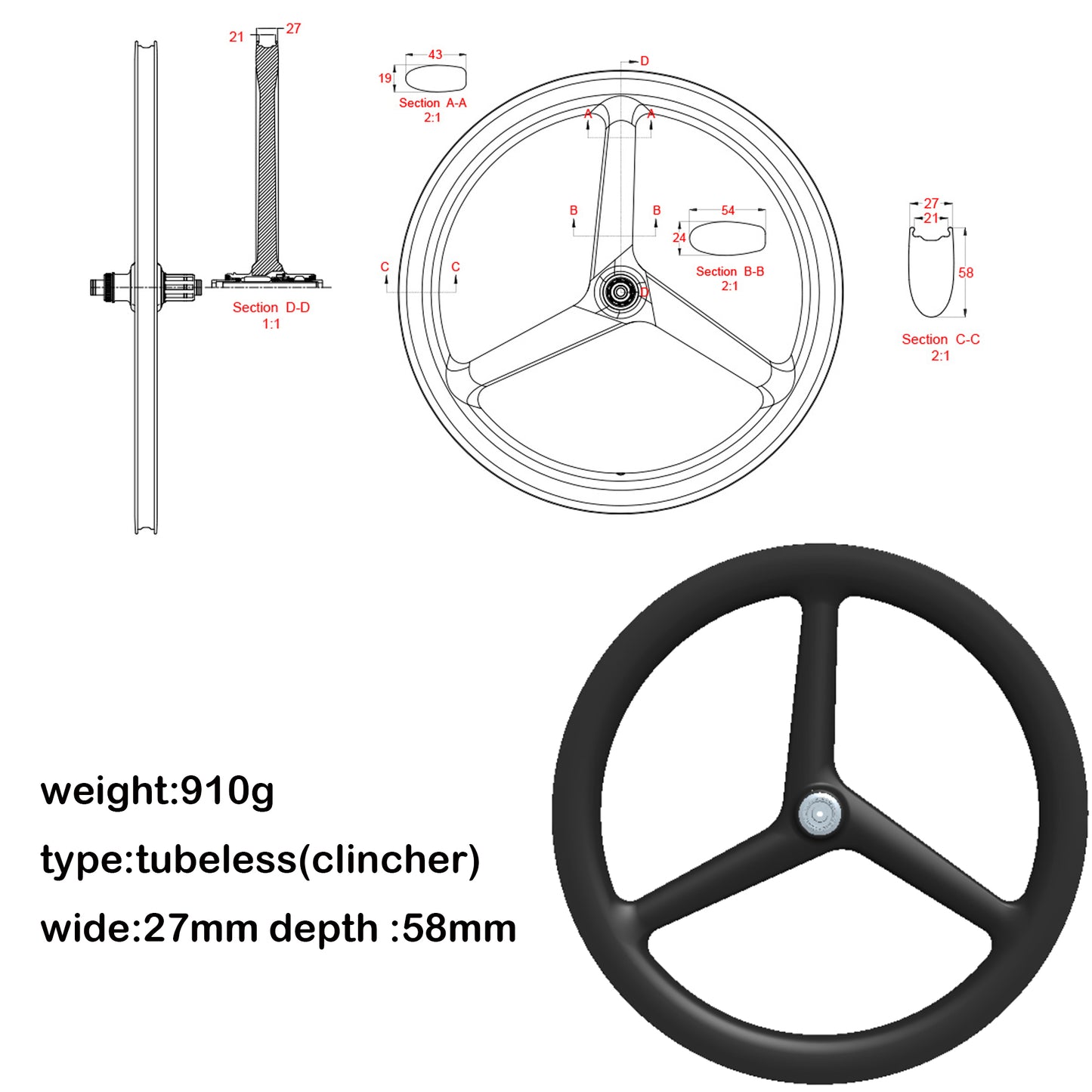 Carbon Tri Spoke Wheel 700C Road Time trial Carbon Wheels TT/ROAD/TRACK racing bicycle wheels Toray T700+T800