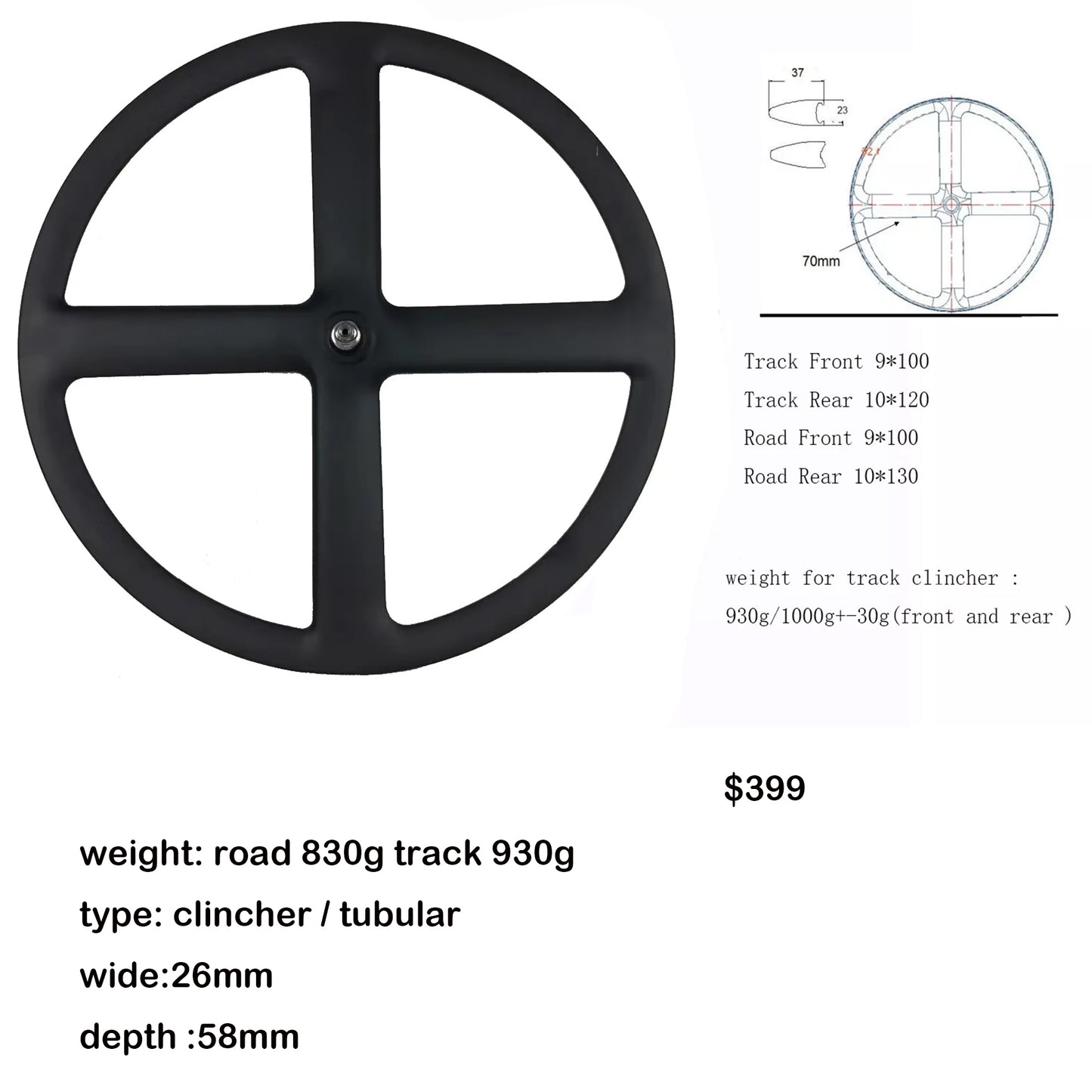 Full Carbon 4 Spokes wheel 700C Clincher/Tubular Wheels four-spoke carbon wheelset for Track/Road Bike Fixed Gear Cycling