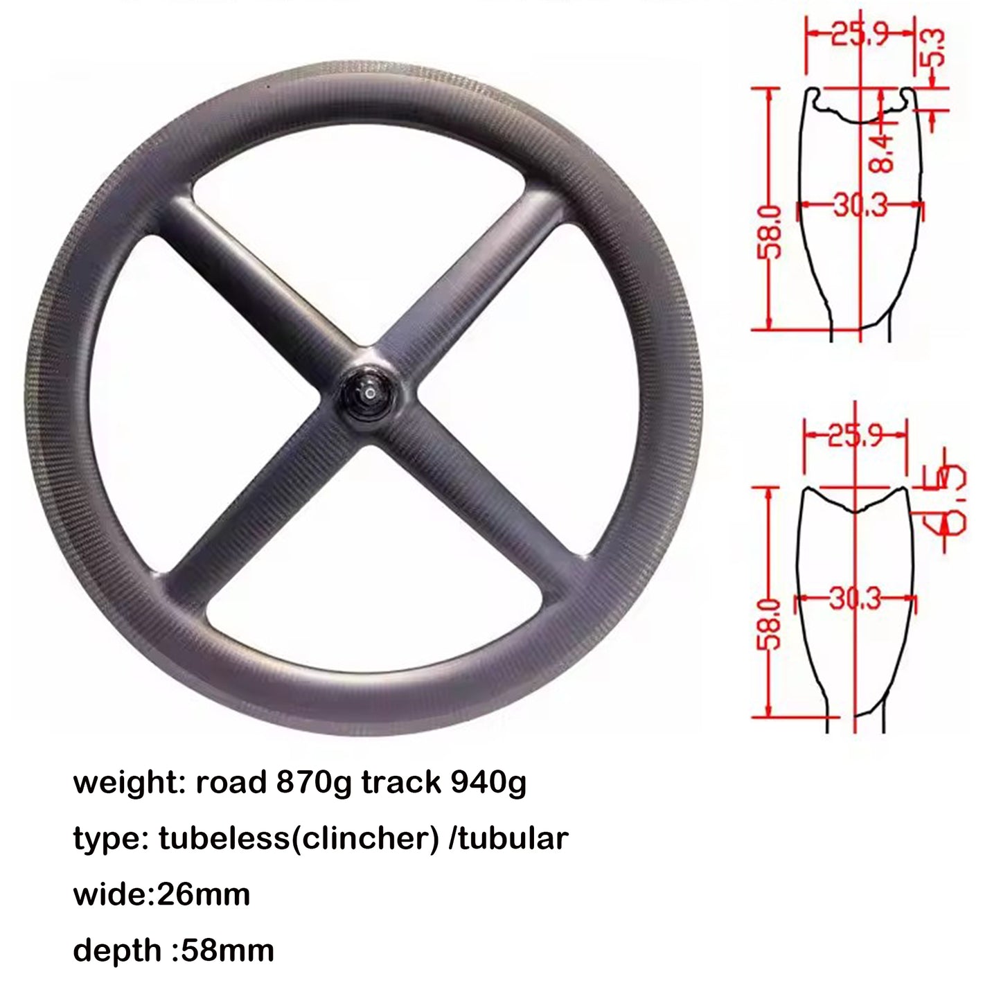 Full Carbon 4 Spokes wheel 700C Clincher/Tubular Wheels four-spoke carbon wheelset for Track/Road Bike Fixed Gear Cycling