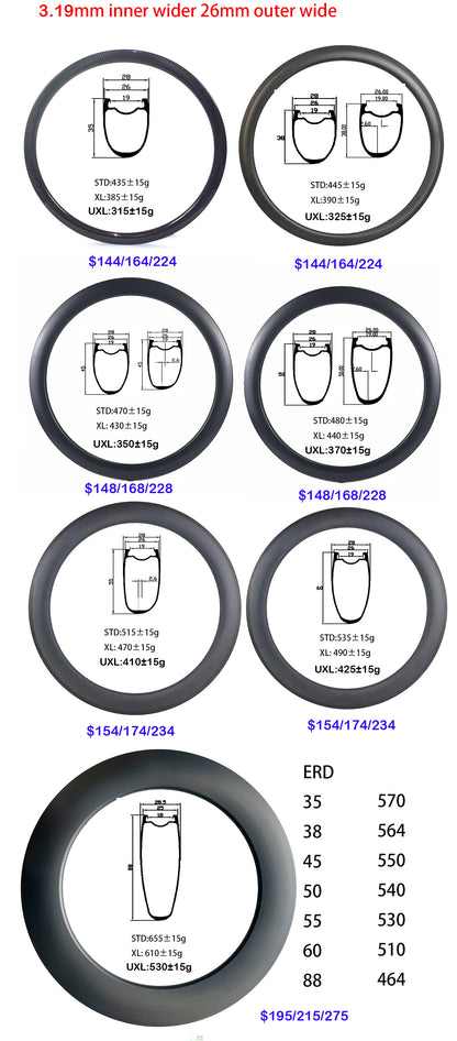 Carbon road bike rim 35/38/45/50/55/60188mm depth Tubeless Rim 23/25mm wide Road/track/TT Bike T800/T1000 Full Carbon Fibre Bicycle Wheelset Rim