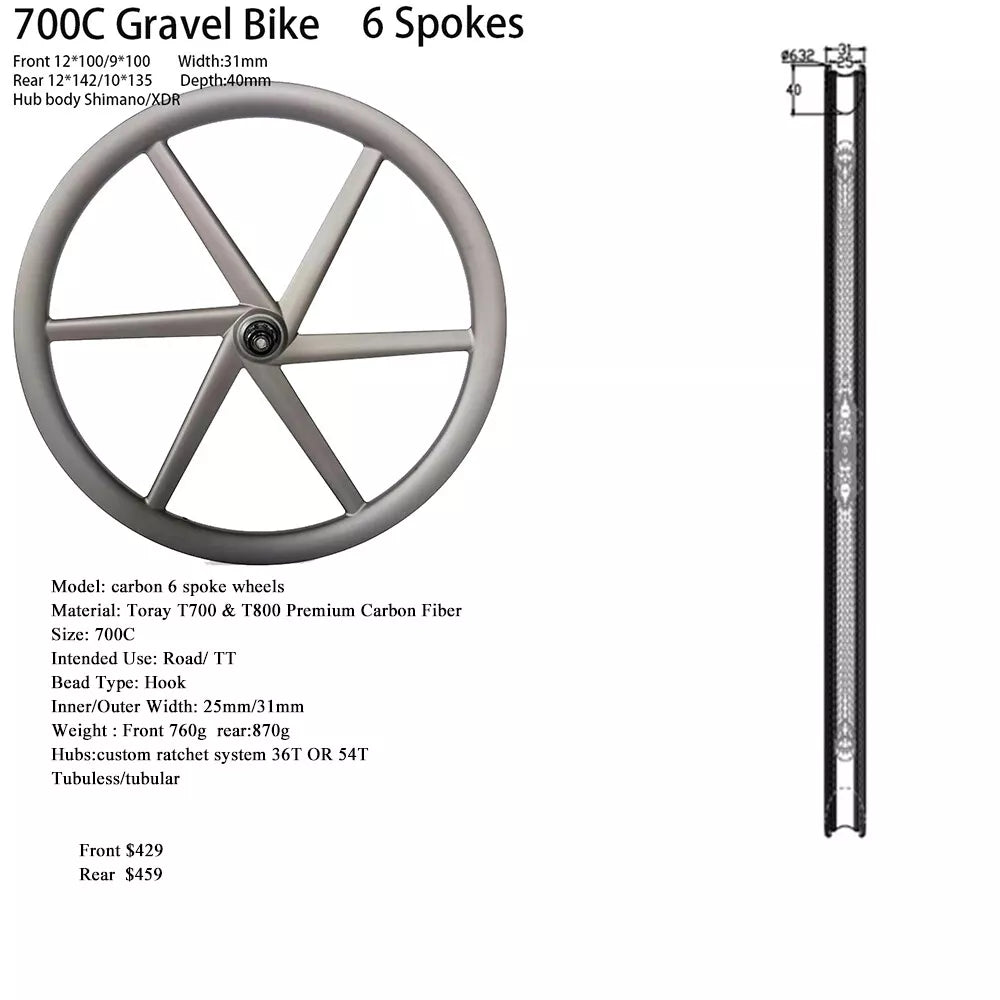 carbon 6 Spoke Wheelset 700C Road Bike Gravel SuperLight Tubeless HG XDR 12s Speed Disc Ratchet System 36T Hub