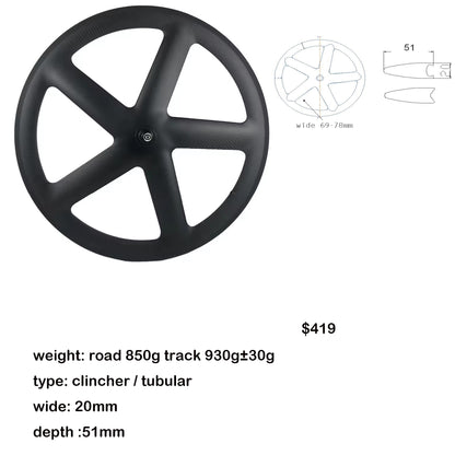 carbon five spokes wheel 700C Fixed Gear Track/Road/TT bike full carbon fibre 5 spokes bicycle wheelset