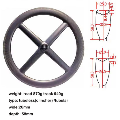 Full Carbon 4 Spokes wheel 700C Clincher/Tubular Wheels four-spoke carbon wheelset for Track/Road Bike Fixed Gear Cycling