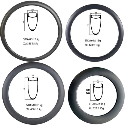 Carbon road bike rim 35/38/45/50/55/60188mm depth Tubeless Rim 23/25mm wide Road/track/TT Bike T800/T1000 Full Carbon Fibre Bicycle Wheelset Rim