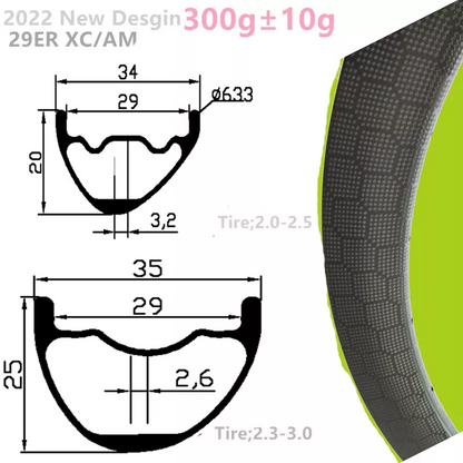 280g 29er Carbon Mtb Rims XC Tubeless Carbon Rim UD/3K 12K 3K Twill Matte Glossy 29in Clincher Hookless New Asymmetric