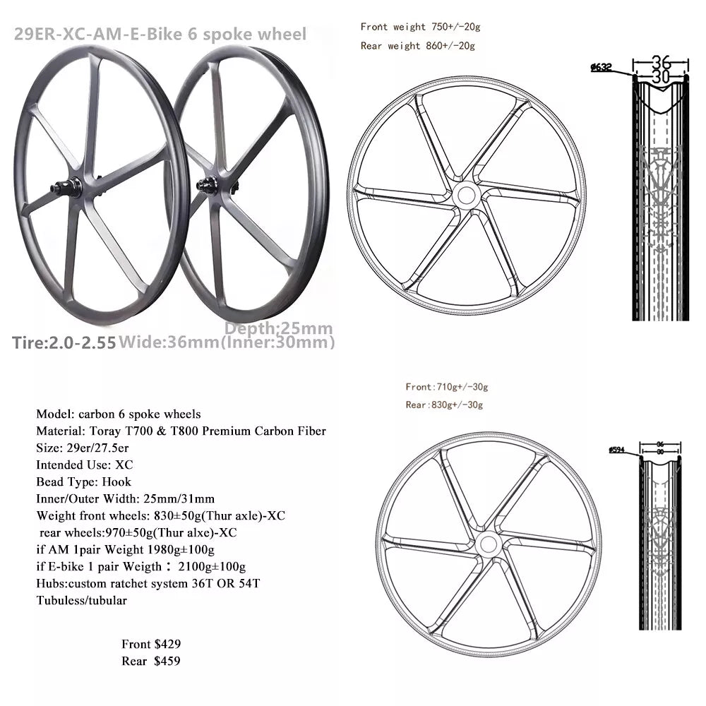 Carbon 6 Spoke wheels 29er XC AM E-Bike MTB Wheelset 27.5inch carbon Six spoke Wheels