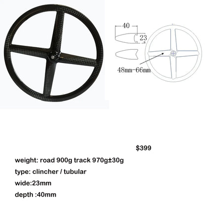 Full Carbon 4 Spokes wheel 700C Clincher/Tubular Wheels four-spoke carbon wheelset for Track/Road Bike Fixed Gear Cycling